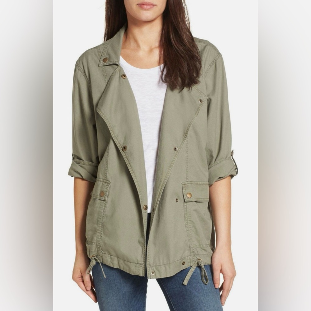CASLON Women”s Olive Green Long Roll Tab Sleeve Snap Buttons Jacket Size 14W - Picture 1 of 15
